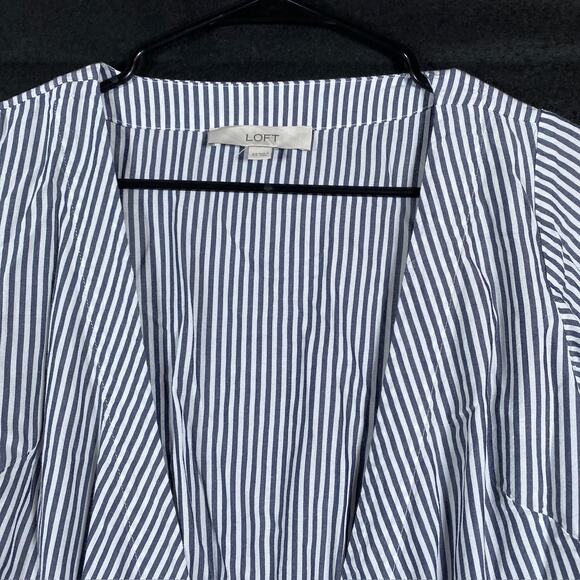LOFT Womens Blouse Blue White Striped V Neck Wrap Front Tie 1/2 Sleeve Flowy XS - Picture 2 of 13